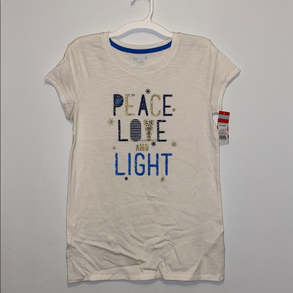 White t-shirt girls XL (14-16) Peace Love & Light